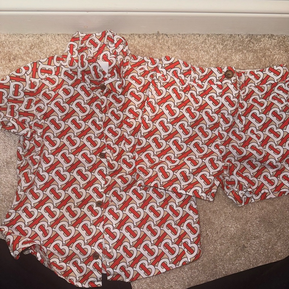 Burberry Red and White Logo Shirt and Shorts Set